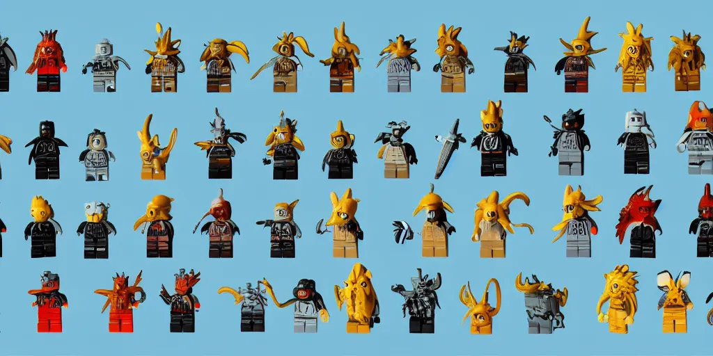 Image similar to small creatures called critters, made out of only 5 lego bricks. cute looking, kawaii, sharp focus, moebius, character sheet, game concept art, brush work