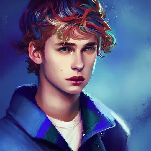Image similar to colorful and festive captivating young boy with wavy blonde hair, navy blue jacket and blue shorts. rich vivid colors, ambient lighting, dynamic lighting, 4 k, atmospheric lighting, painted, intricate, highly detailed by charlie bowater