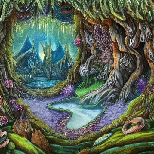 Prompt: an ultra detailed painting of a fantasy forest, nestled in the riverbank is a geode that is cracked open to reveal a witch's potions room in it