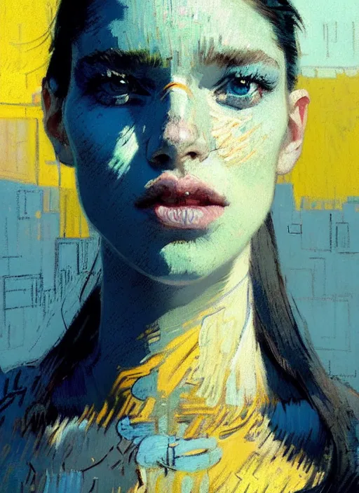 Image similar to portrait of a beautiful girl, new york backdrop, very sad, pastel shades of light blue and light yellow, beautiful face, rule of thirds, intricate outfit, spotlight, by greg rutkowski, by jeremy mann, by francoise nielly, by van gogh, digital painting