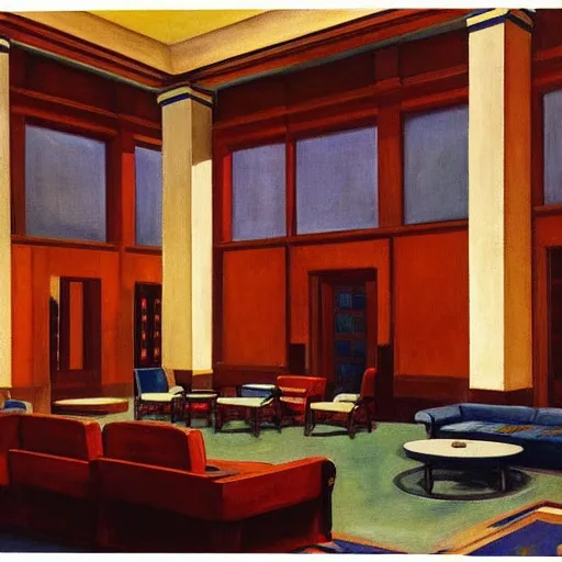 Prompt: interior of a 1 9 4 0 s hotel lobby, by edward hopper