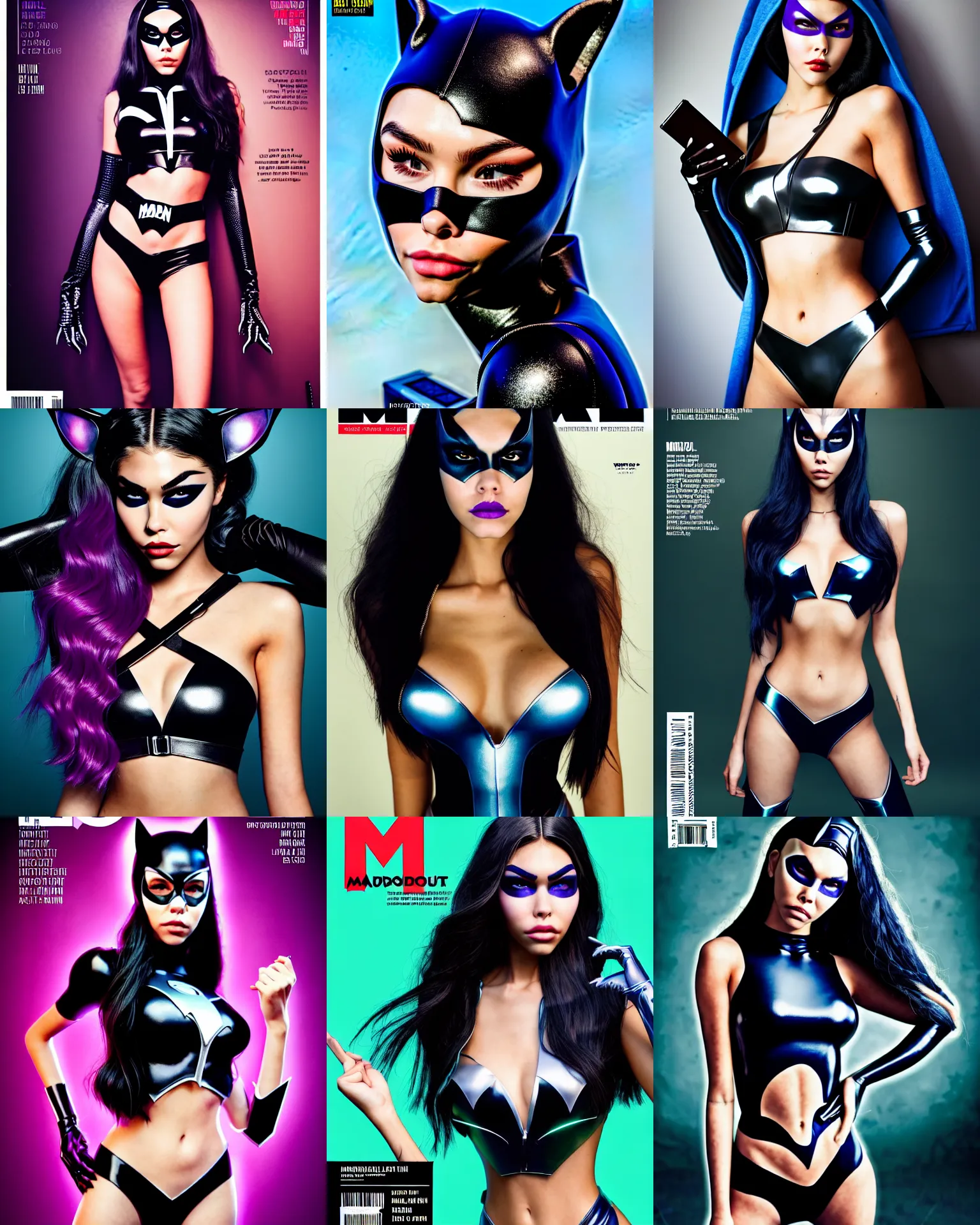 Prompt: magazine cover portrait photo of madison beer : : college woman : : as marvel hero catwoman by weta : : by greg rutkowski, wlop, rossdraws, artgerm, pixar, marvel, colorful rave makeup, leeloo, unreal engine, glossy skin, boutinela bikini, pearlescent, shiny, 4 k, hdr, bright morning, : :