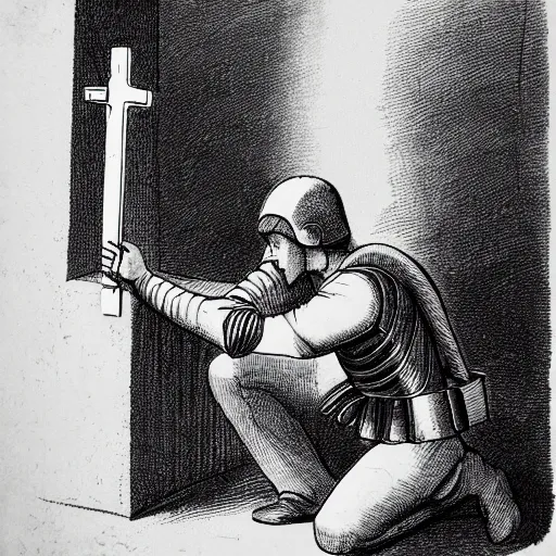 Prompt: A pale young man stands inside a prison cell. Clad in shining armor he kneels and prays to a God others would have long abandoned. Sunshine lightly grazes his cheeks as he prays, his broken spear used as a cross to focus on. The knight's expression is sad, pensive, but resolute, decisive and stubborn. Portrait.