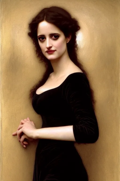 Image similar to eva green angeline jolie in velvet dress painting by rossetti bouguereau, detailed art, artstation