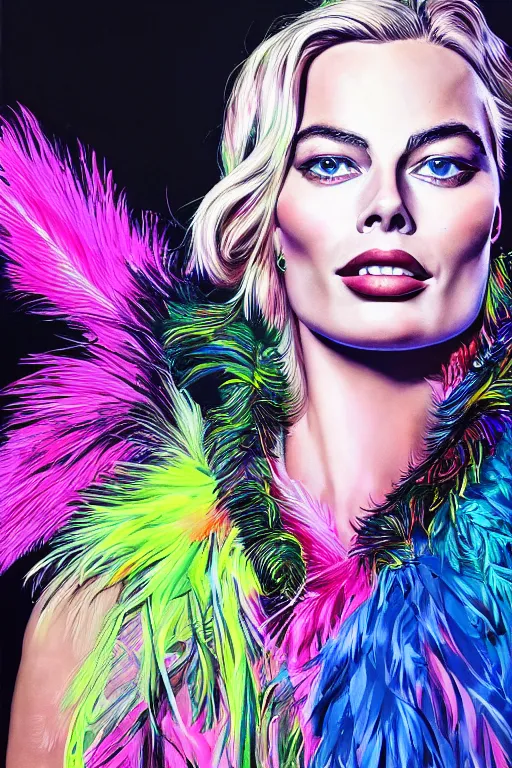 Image similar to Detailed portrait of beautiful Margot Robbie strong neon lighting, extravagant feathered collar, futuristic, by glenn fabry, hyper realistic, HD, oil on canvas