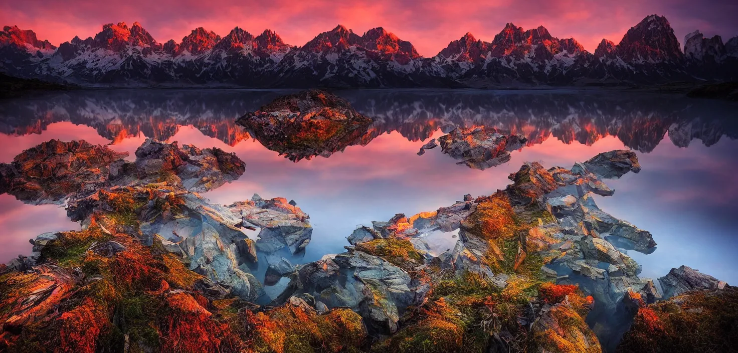 Image similar to amazing landscape photo of mountains with lake in sunset by marc adamus, beautiful dramatic lighting