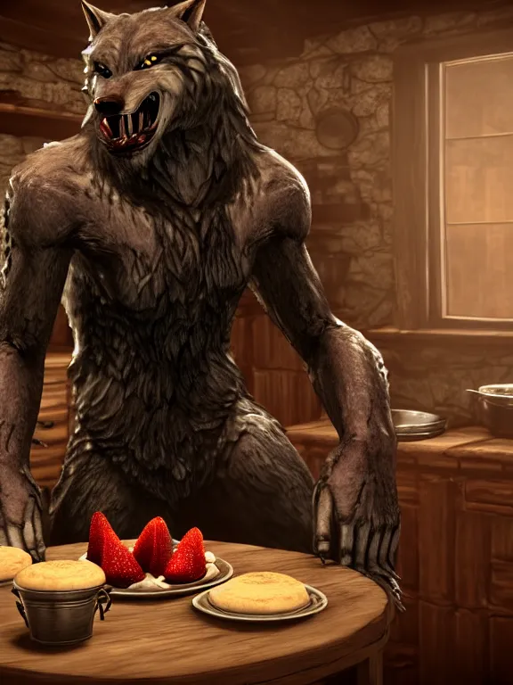 Image similar to cute handsome cuddly burly surly relaxed calm timid werewolf from van helsing sitting down at the breakfast table in the kitchen of a normal suburban home cooking having fun baking strawberry tart cakes unreal engine hyperreallistic render 8k character concept art masterpiece screenshot from the video game the Elder Scrolls V: Skyrim