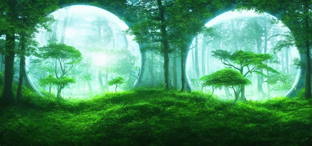 Prompt: beautiful glowing forest, white city far away, blue sky, alien round shape, green plants, futuristic, magical feeling, detailed, digital art