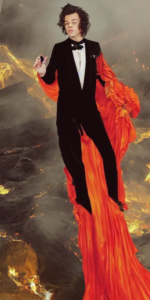 Image similar to young Harry Styles wearing a firey red and orange tissue paper with a golden crown and a black prince tuxedo by Prada. bubbling pools of lava in the crater of a volcano. ethereal, fantasy, Lawrence Alma-Tadema, James Jean, oozium, peter morbacher, angelarium, alchemy, luxury, heavenly light, Soft illumination, Trending on artstation, Cinematic Lighting, very detailed, 3D, octane render, artgerm