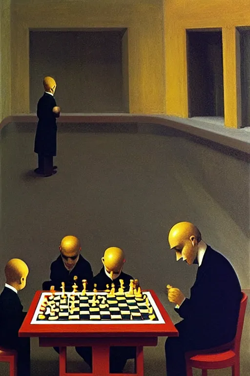 Prompt: group of men watching a little kid playing chess with a robot, edward hopper and james gilleard zdzislaw beksisnski higly detailed