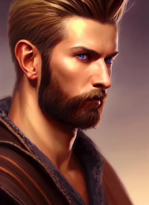 Image similar to a _ fantasy _ style _ portrait _ painting _ of wizard male, medium dark blonde pulled back side part and blonde stubble, brown eyes, rpg dnd oil _ painting _ unreal _ 5 _ daz. _ rpg _ portrait _ extremely _ detailed _ artgerm _ greg _ rutkowski _ greg