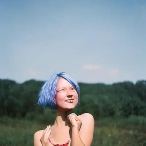Prompt: cute young woman, short blue hair, tank top, arms raised above her head, cottagecore, razorfree, hippie, naturist, portrait photography, portra 800