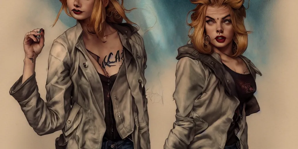 Image similar to tattooed pinup girl samara weaving wearing a jacket and ripped shorts jumping in a dark street, character sheet, character design,, contrast, deep focus, turnaround, highly detailed, dramatic lighting, digital painting, artstation, concept art, matte, sharp focus, illustration, elegant, kim jung gi, art by artgerm and greg rutkowski and alphonse mucha.