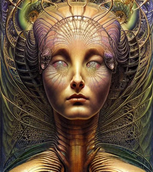 Prompt: detailed realistic beautiful young cher alien robot as queen of mandelbulb portrait by jean delville, gustave dore and marco mazzoni, art nouveau, symbolist, visionary, baroque. horizontal symmetry by zdzisław beksinski, iris van herpen, raymond swanland and alphonse mucha. highly detailed, hyper - real, beautiful