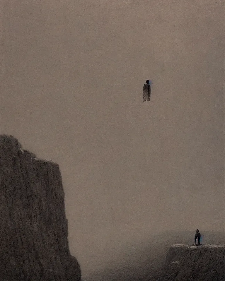 Prompt: Man in front of the cliff of death by beksinski