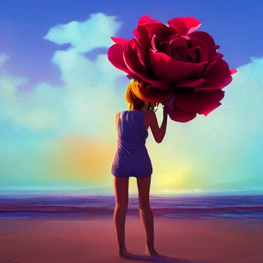 Image similar to portrait, giant rose flower head, girl dancing at the beach, surreal photography, sunrise, blue sky, dramatic light, impressionist painting, digital painting, artstation, simon stalenhag