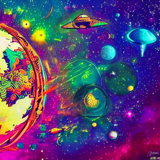 Prompt: flying to the galaxy chapter of the world, psychedelic, colorful