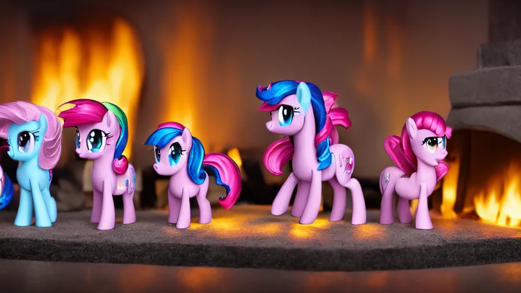 Prompt: A beautiful and wholesome scene of My Little Pony figurines in front of a lit fireplace, 4k, 8k, photography, warm lighting