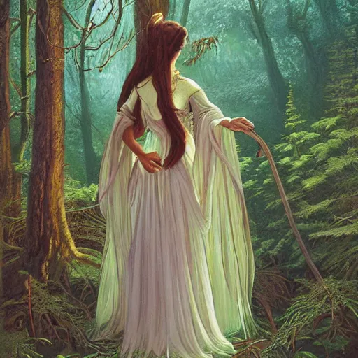 Prompt: detailed painting of a princess in the woods by Michael Whelan,