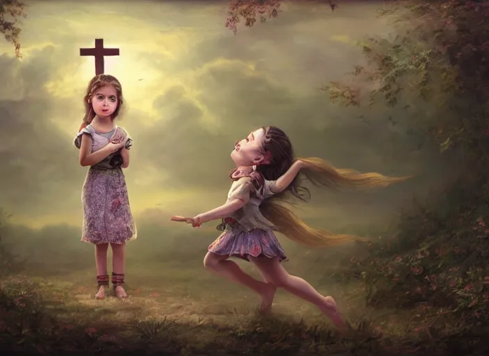 Image similar to a little girl with a cross fights off terrified demons, clear face and bright eyes. 8 k, matte painting, lowbrow in the style of lilia alvarado, mark ryden and martin johnson heade,