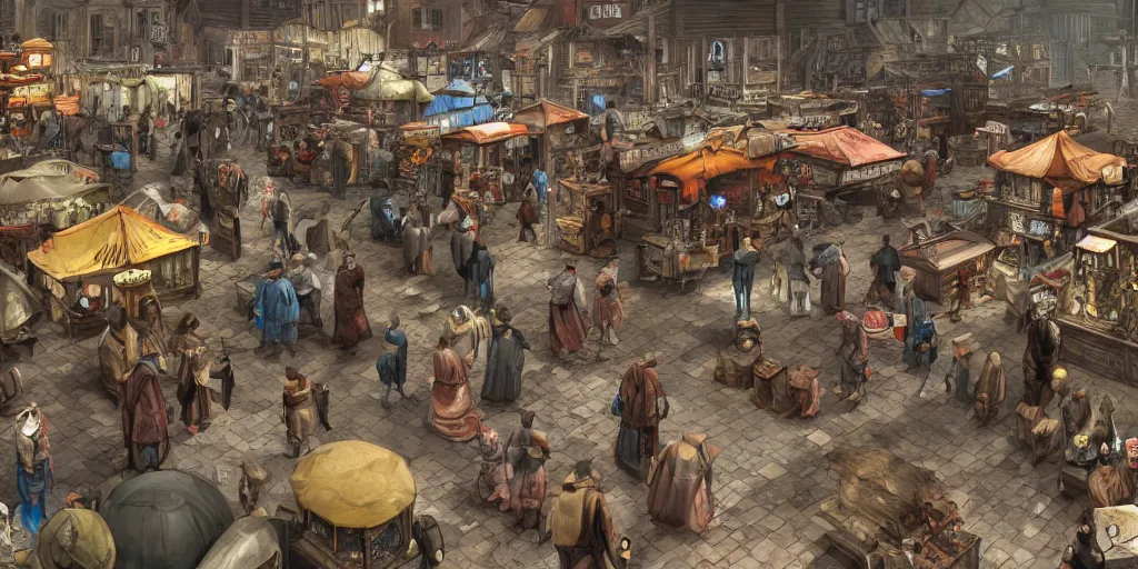 Image similar to a busy marketplace full of merchants in an old medieval town, fallout style, fantasy apocalypse, digital art, 4 k,