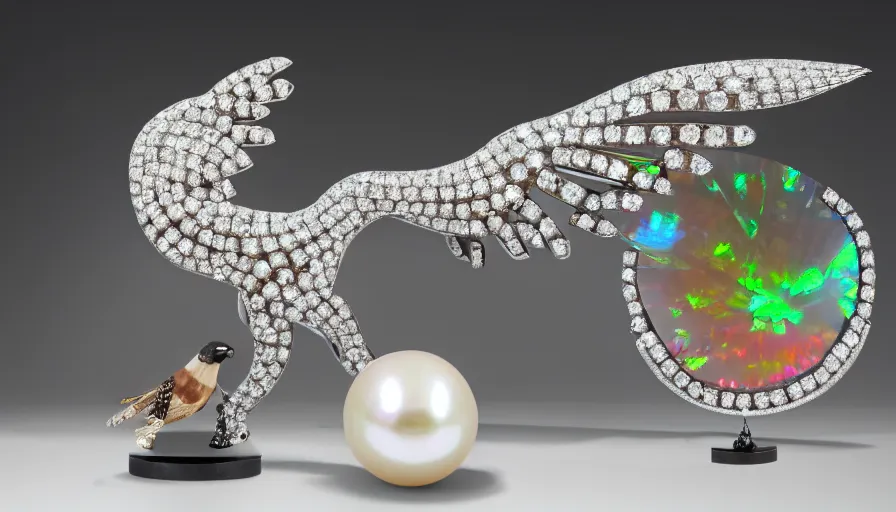 Image similar to diamonds, pearls, ice crystals, opals and other various gemstones being thrown around in the shape of a hawk by a tornado, museum sculpture, 4k, high quality photograph, award-winning