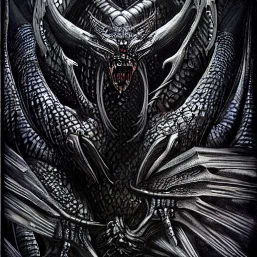 Image similar to black dragon, d & d, fantasy, hr giger,