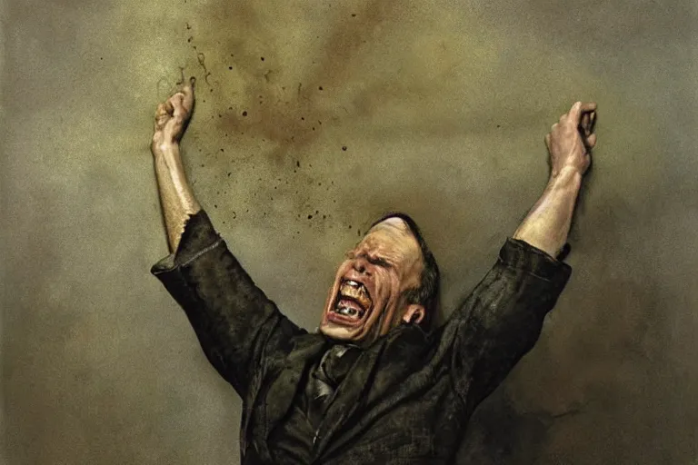 Prompt: a portrait of a madman gripping his hair and screaming as the world burns around him, extremely detailed, award-winning, fantastic imagery, painting by Andrew Wyeth,