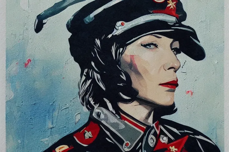 Image similar to cate blanchett as a sad female soviet soldier, art by Sandra Chevrier