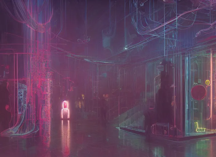 Prompt: steam, droplets, glass, neon, RGB, glowing wires everywhere, pristine, by Edgar Maxence and Ross Tran, Zdzisław Beksiński, and Michael Whelan, distant, gustav dore, H.R. Giger, 8k, octane render