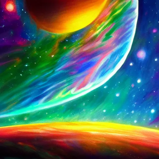 Image similar to the most colorful drawing of the sky, planets and galaxies, vivid, powerful, beautiful, artstation, 8 k