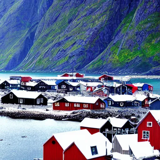 Image similar to Lofoten, Norway 1800s the start of Norwegian fishing village, Real Event, Historical Event, Realistic,