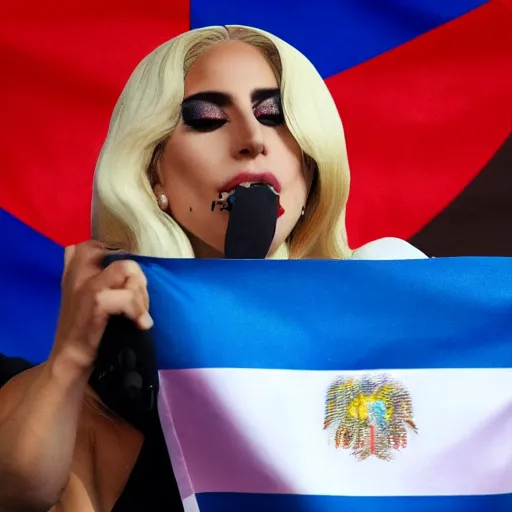 Image similar to Lady Gaga as president, Argentina presidential rally, Argentine flags behind, bokeh, giving a speech, detailed face, Argentina