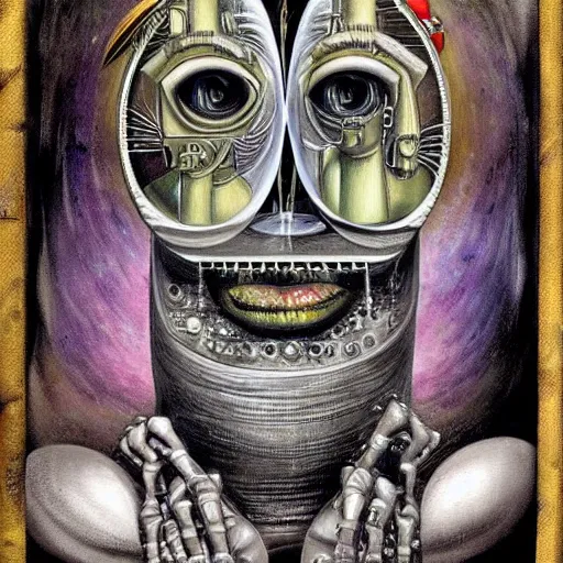 Image similar to the queen of robots, digital painting masterpiece, by h r giger and hannah hoch and ed roth and denys cowan