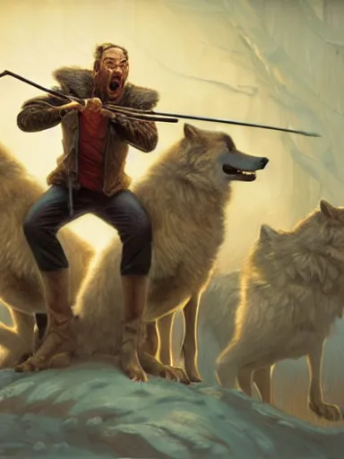 Prompt: a screaming man holding a quartestaff. surrounded and being atacked by by a pack of wolves. intricate, elegant, highly detailed, digital painting, artstation, concept art, sharp focus, illustration, by justin gerard and artgerm, 8 k