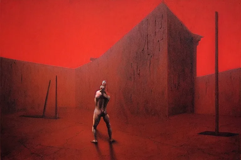 Image similar to only with red, caesar after war, the deal, a red tiger, in hoc signo vinces, rome in background, an ancient path, in the style of beksinski, part by hopper, part by rodcenko, part by hofbauer, intricate composition, red by caravaggio, insanely quality, highly detailed, masterpiece, red light, artstation