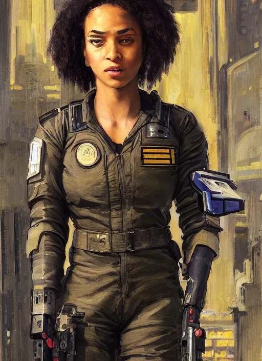 Prompt: Sgt. Sophia Igwe. Strong cyberpunk female USN Assault mech pilot with cyberpunk eyepiece and wearing a military jumpsuit (cyberpunk 2077, bladerunner 2049). gorgeous face. Iranian orientalist portrait by john william waterhouse and Edwin Longsden Long and Theodore Ralli and Nasreddine Dinet, oil on canvas. Cinematic, hyper realism, realistic proportions, dramatic lighting, high detail 4k