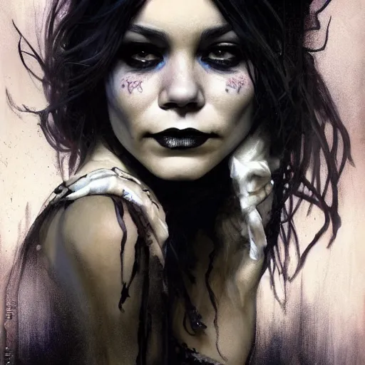 Image similar to beautiful portrait of vanessa hudgens as death from sandman, smiling, by cedric peyravernay, alphonse mucha, by jeremy mann, by lecouffe deharme, goth chic, soft lightning, eyeliner, punk rock, high detailed, 8 k