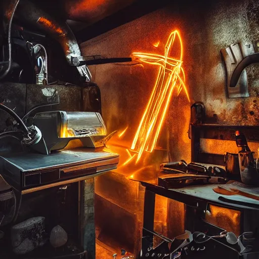 Image similar to cyborg toaster oven repairman, dark messy smoke - filled cluttered workshop, dark, dramatic lighting, orange tint, sparks, plasma rays, cinematic, highly detailed, sci - fi, futuristic, movie still