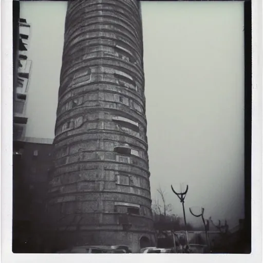 Prompt: an analog polaroid of the leaning tower of pizza made in brutalist architecture, gray sky, cold day, realistic, good quality image, dull background