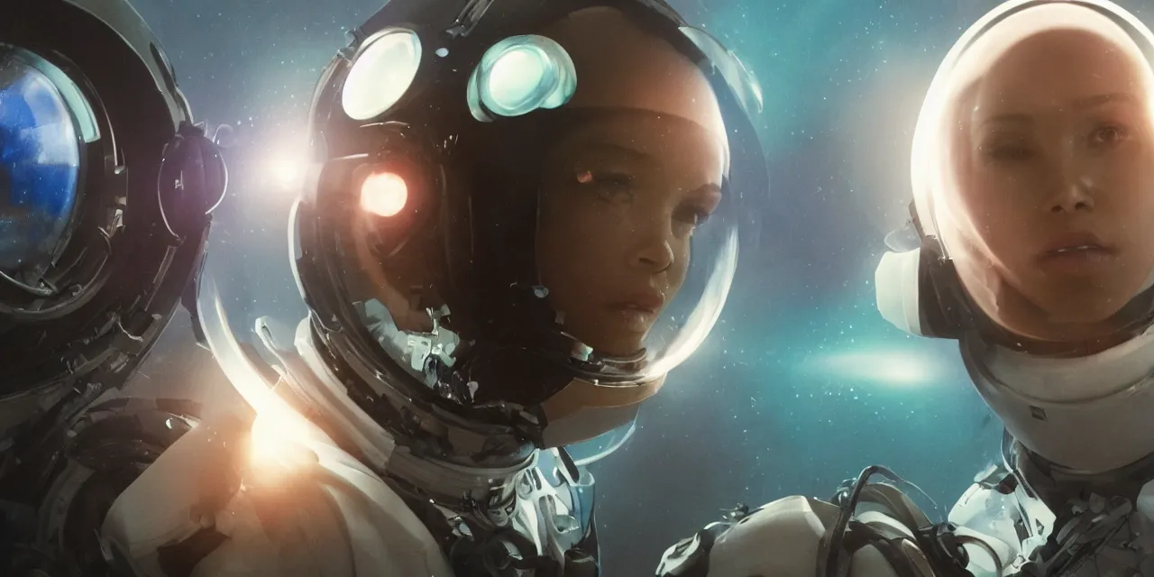 Image similar to Zoe Kravitz with short hair as a techpunk astronaut, helmet with led lights, underwater in the ocean at night, clear water, glowing bubbles, volumetric lighting, glowing lights, 4k, octane, unreal engine, digital painting, artstation, concept art, high contrast, high saturation , cinematic film still, sharp focus, illustration, art by Christopher Nolan and artgerm and greg rutkowski and alphonse mucha , wide angle view, full body