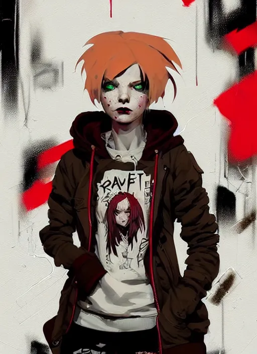 Image similar to highly detailed portrait of a sewer punk canadian lady, tartan hoody, white hair by atey ghailan, by greg rutkowski, by greg tocchini, by james gilleard, by joe fenton, by kaethe butcher, gradient red, brown, blonde cream and white color scheme, grunge aesthetic!!! ( ( graffiti tag wall background ) )