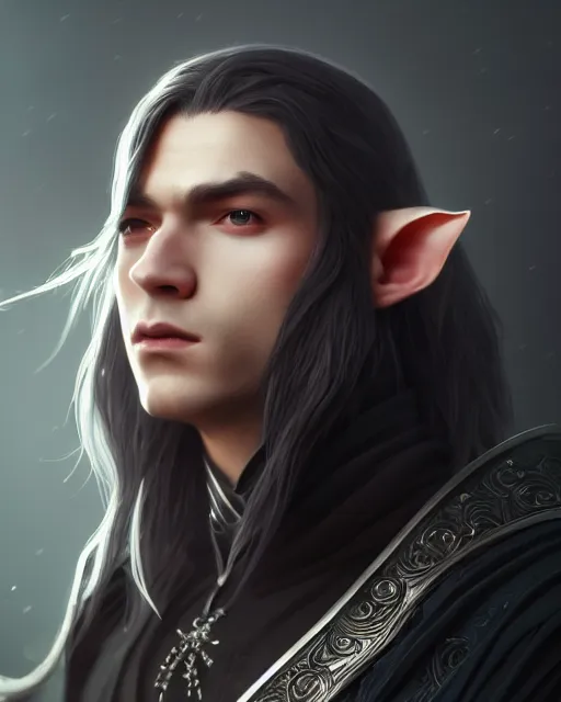 Image similar to 3 / 4 portrait, beautiful male elf, long hair, elegant, super detailed, black dress with silver accenting, silver very ornate jewelry, cape, 8 k, cinematic, backlight, octane render, dusk, sky, warm lighting, artstation, greg rutkowski, rossdraws, william bouguereau, sharp focus