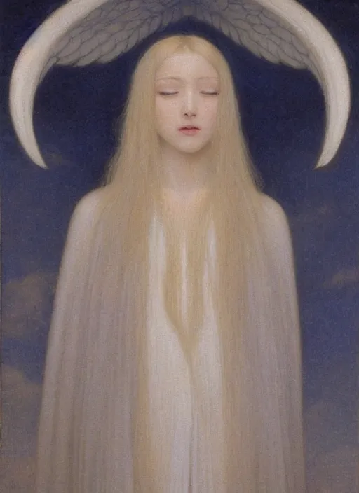 Image similar to thin young beautiful angel with silver hair, pale!, wearing white robes!, wearing hair, golden goddess, young adorable korean face, silver hair!!, oil on canvas, style of jean delville, 4 k resolution, aesthetic!,