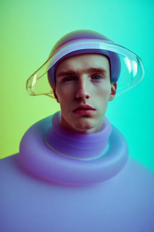 Image similar to high quality pastel coloured film mid angle portrait photograph of a beautiful young 2 0 year old male, soft features, short hair, perspex space visor and oversized inflated clothing!!!! icelandic black! rock pool environment. atmospheric three point light. photographic. art directed. ( pastel colours ). volumetric. clearcoat. waves. 8 k. filmic.