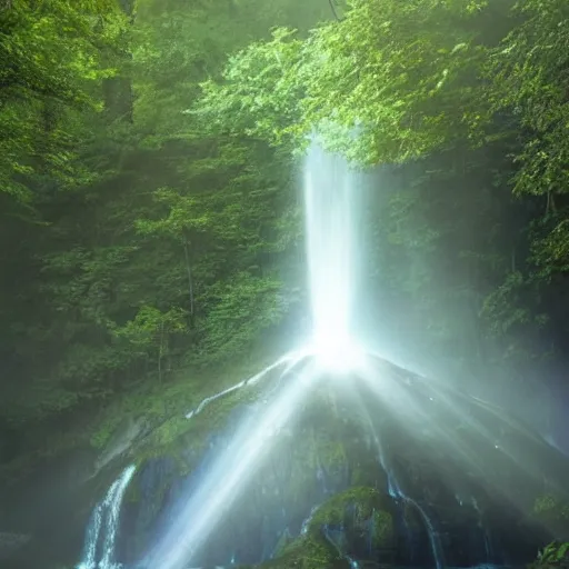 Prompt: realistic waterfall in the middle of the forest with light rays in the fog