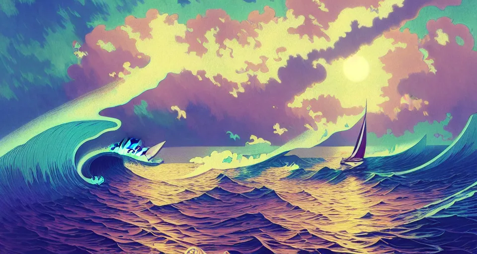 Prompt: [ palate ] [ muted colors ] extreme psychedelic ocean waves, sailboat navigating rough seas, paisley skies, backlit, sunrise, refracted lighting, outdoors, paisley patterned clouds in the sky, elegant, 8 k resolution, intricate and fine details, award wining composition, photorealistic illustration, artstation, krenz cushart, alphonse mucha