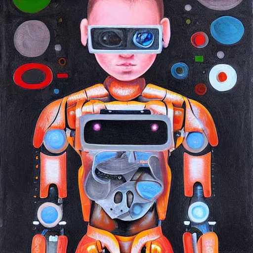 Image similar to half cyborg robot half human boy, surrealism painting art