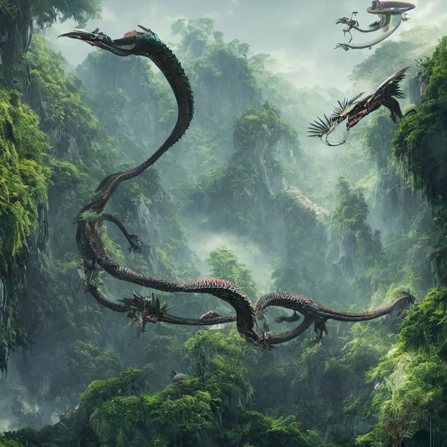 Image similar to hyperrealistic matte painting of futuristic robot quetzalcoatl, dragon, feathered dragon, flying above the jungle by eddie mendoza, beeple, 4 k, trending on cgsociety