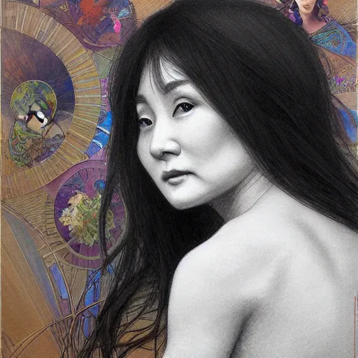 Prompt: beautiful lifelike award winning pencil illustration of the love child of yoko ono and rolly trending on art station artgerm greg rutkowski alphonse mucha museum quality cinematic atmospheric